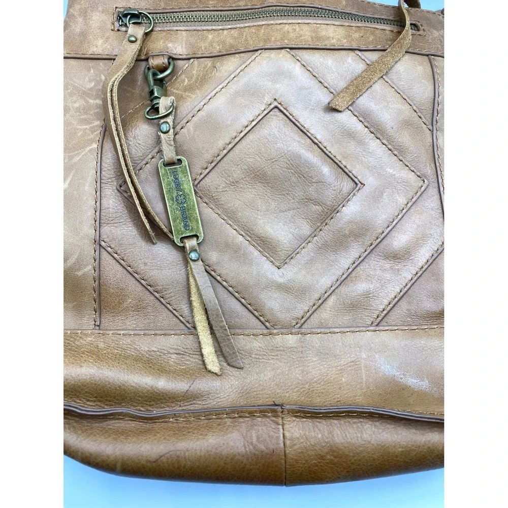 Lucky Brand Brown Leather Quilted‎ Diamond Crossbody Messenger Bag Boho Tassel